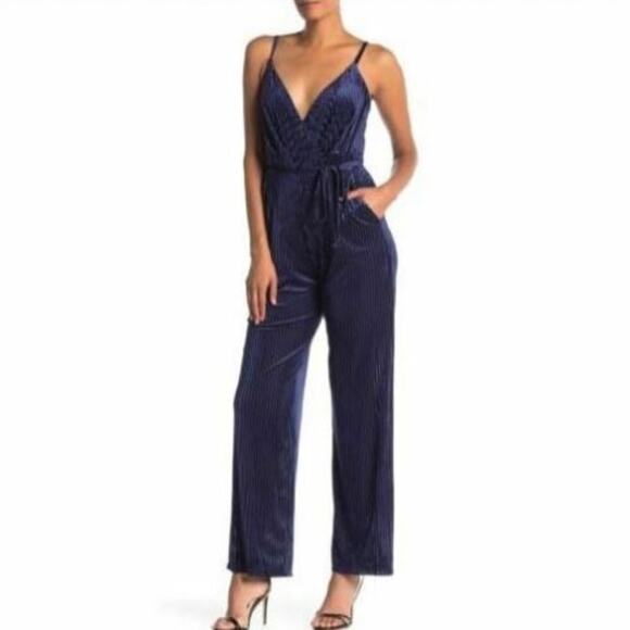 Laundry by Shelli Segal Velvet Burnout Striped Jumpsuit Navy Size 10 - Picture 1 of 11